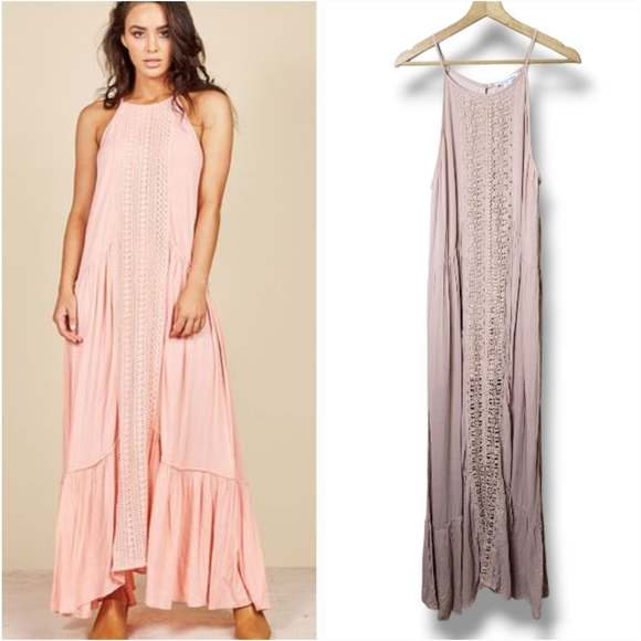 loveriche Dresses & Skirts - Loveriche Boho Tiered Maxi Dress Crochet Panel Halter Size L NWT